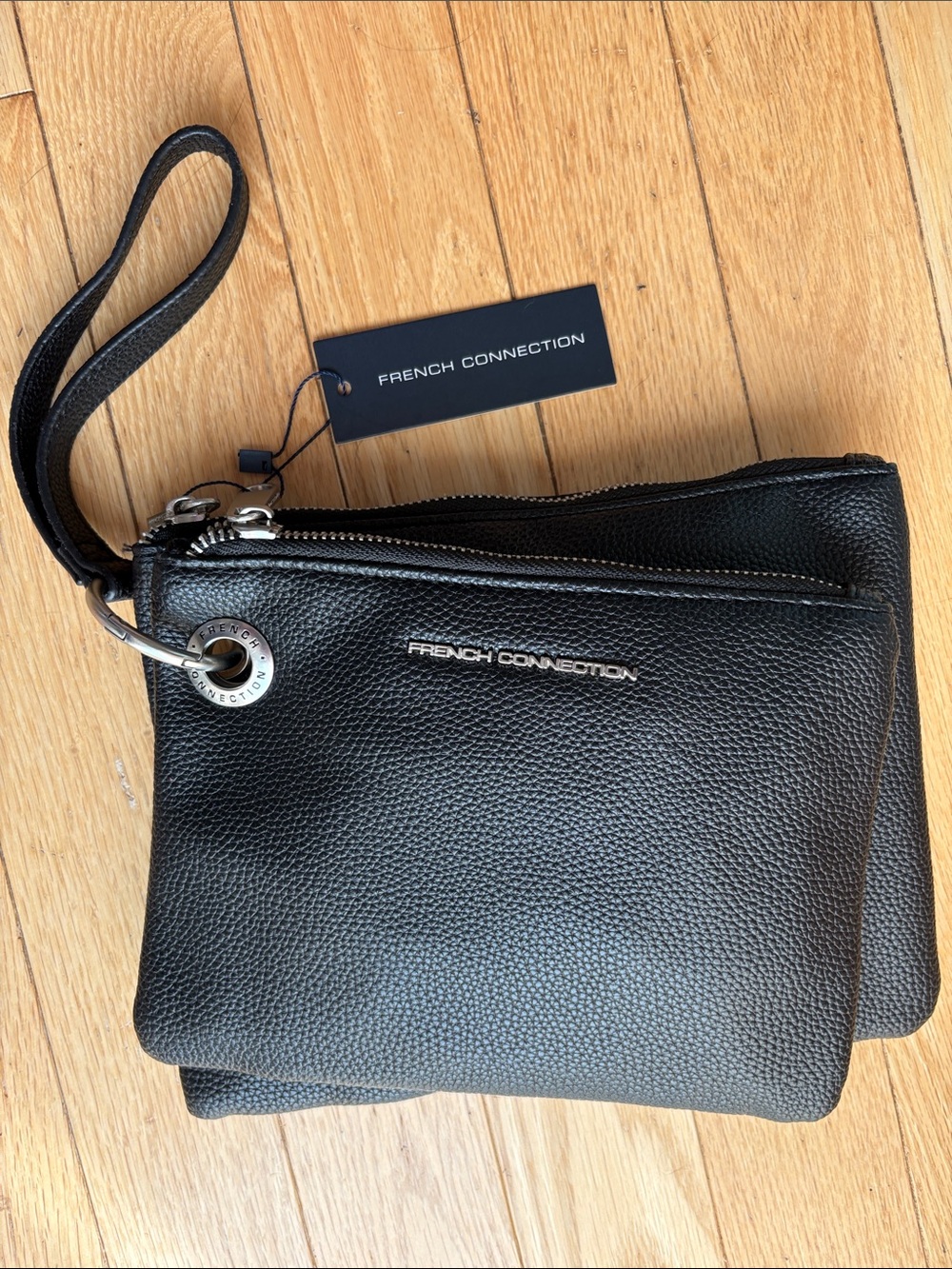 French Connection Wristlet Black Pebbled Leather with two pouches removeable